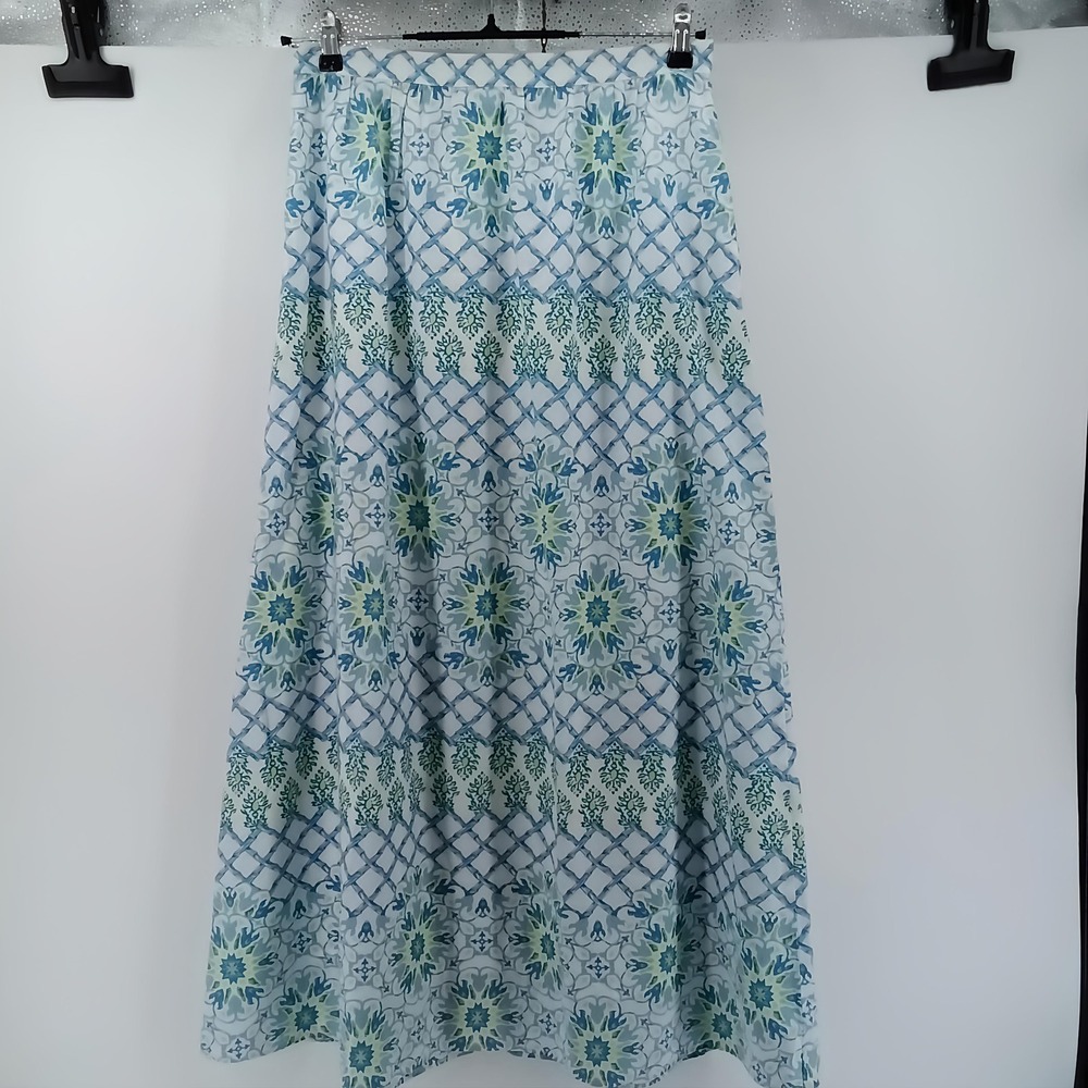J.McLaughlin Maxi Skirt Womens Large Blue Green Silk Blend Geometric Tile Pockt